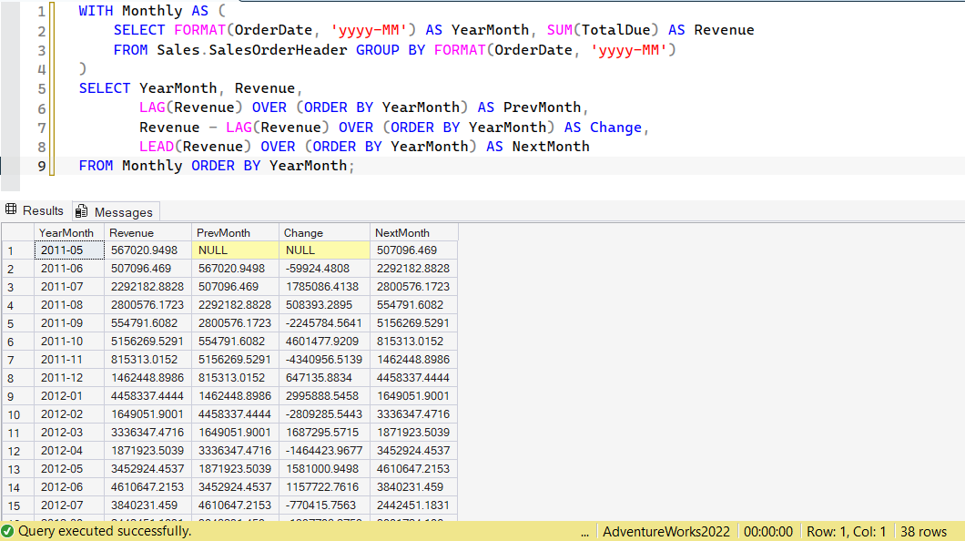 SSMS screenshot: query 8 and its result