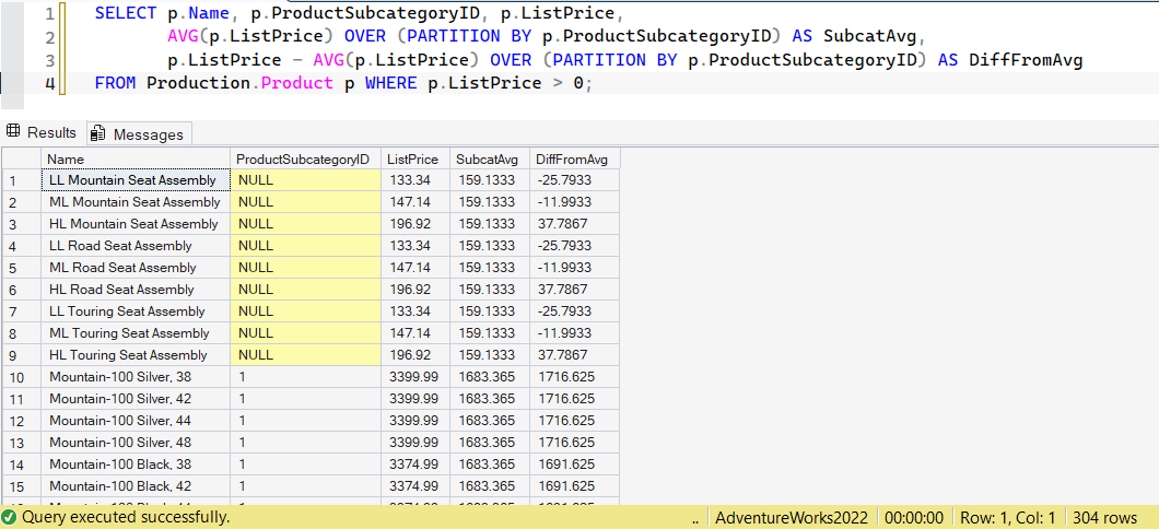 SSMS screenshot: query 9 and its result