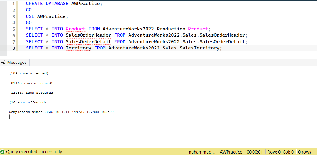 SSMS screenshot: query 1 and its result