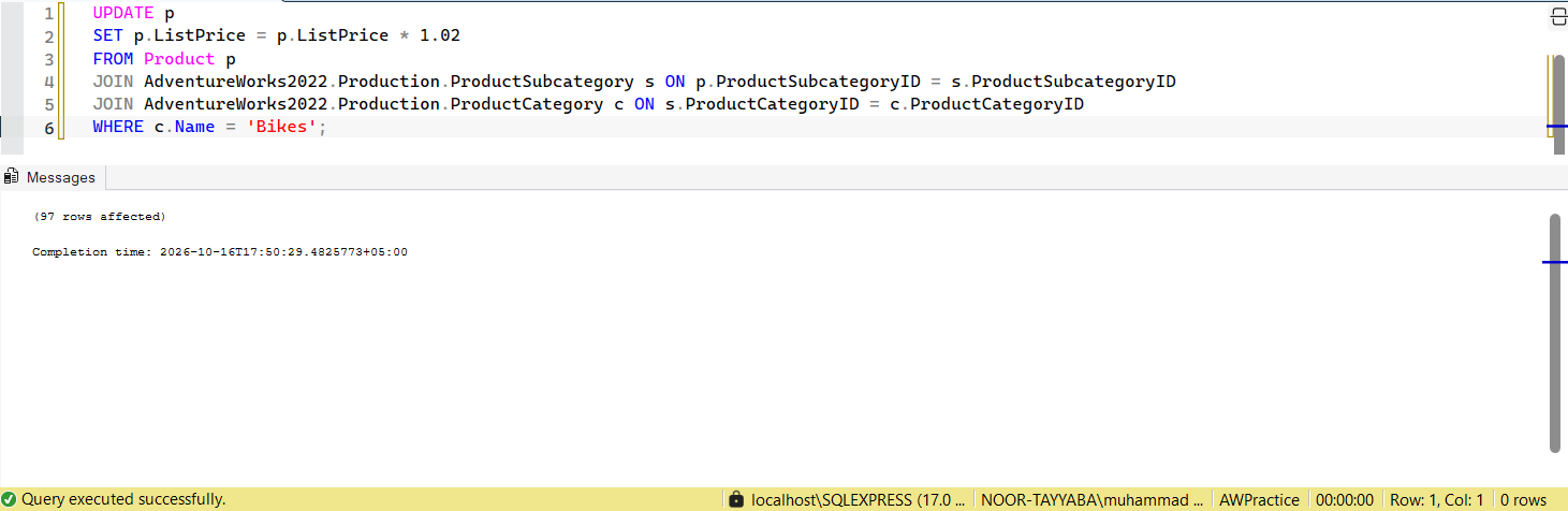 SSMS screenshot: query 10 and its result