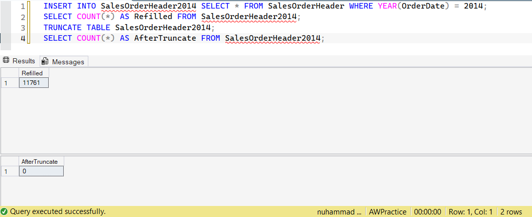 SSMS screenshot: query 12 and its result