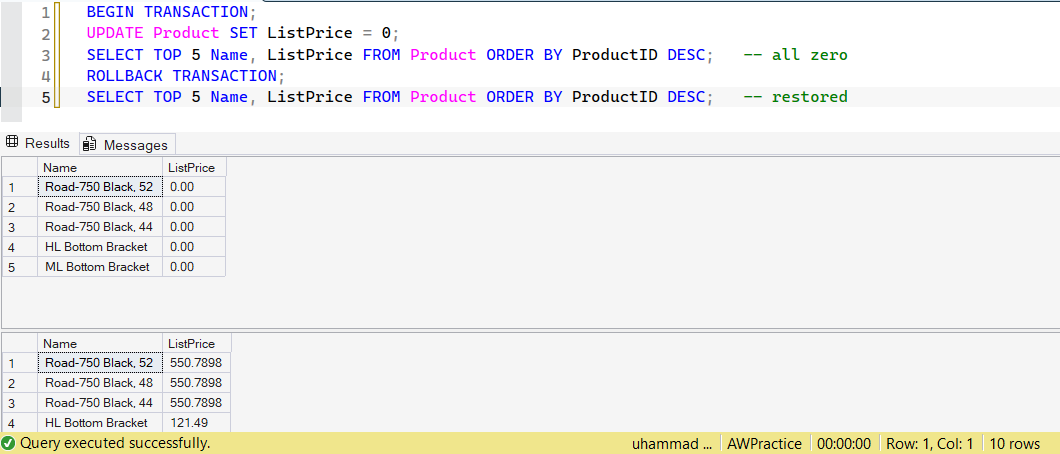 SSMS screenshot: query 13 and its result