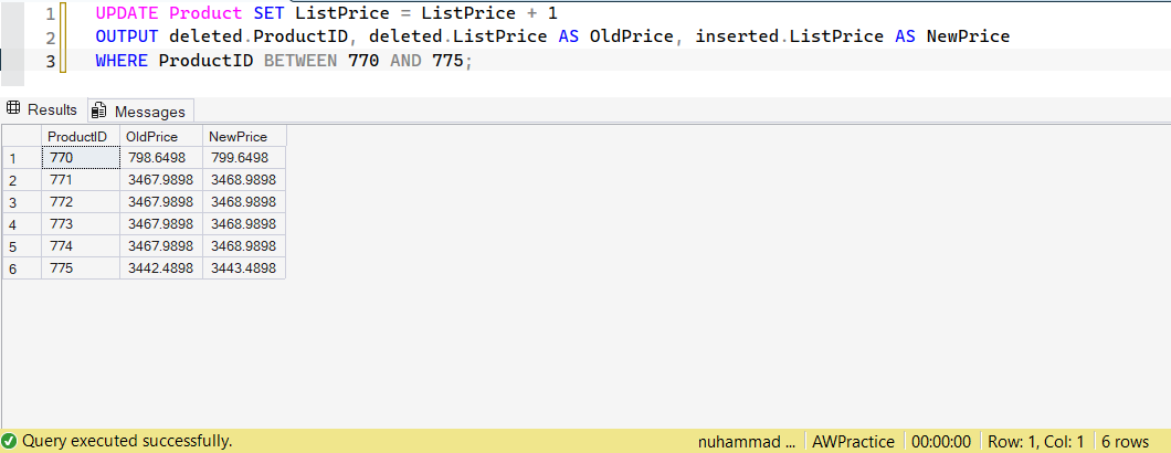 SSMS screenshot: query 15 and its result