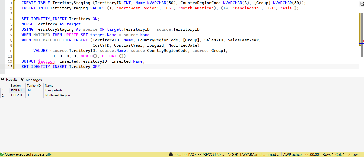 SSMS screenshot: query 16 and its result