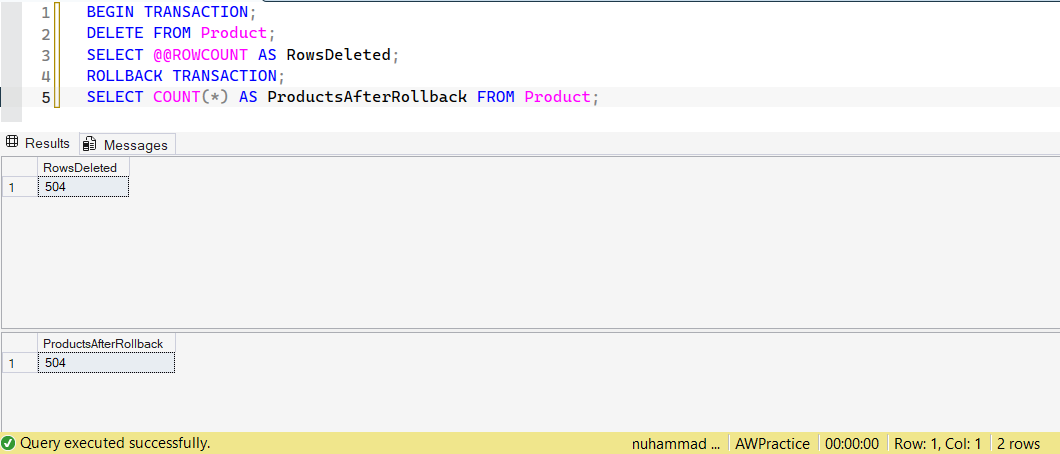 SSMS screenshot: query 19 and its result