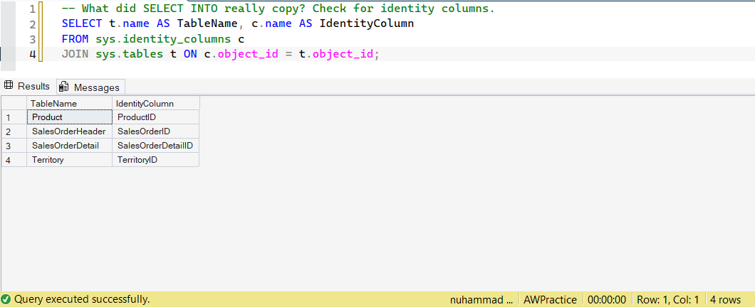 SSMS screenshot: query 2 and its result