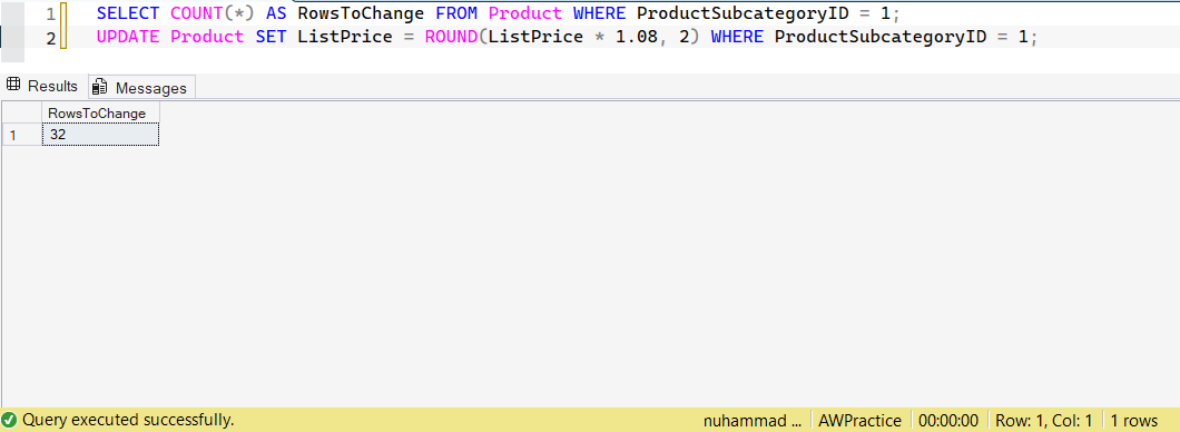 SSMS screenshot: query 21 and its result
