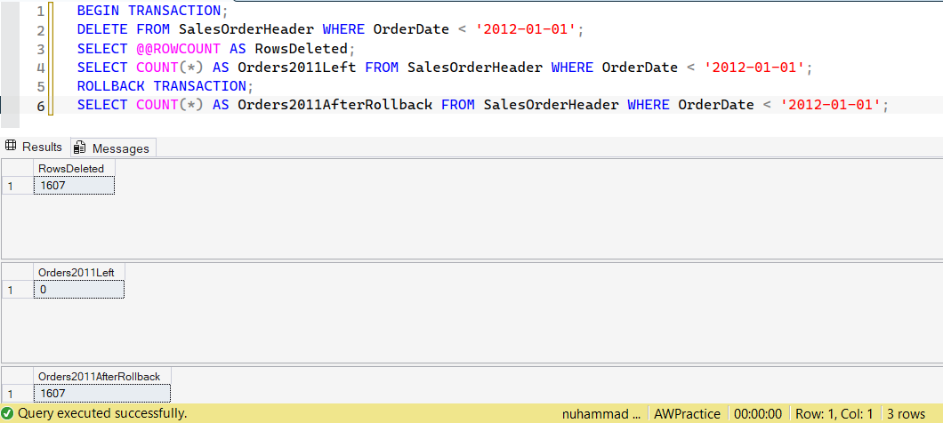 SSMS screenshot: query 22 and its result