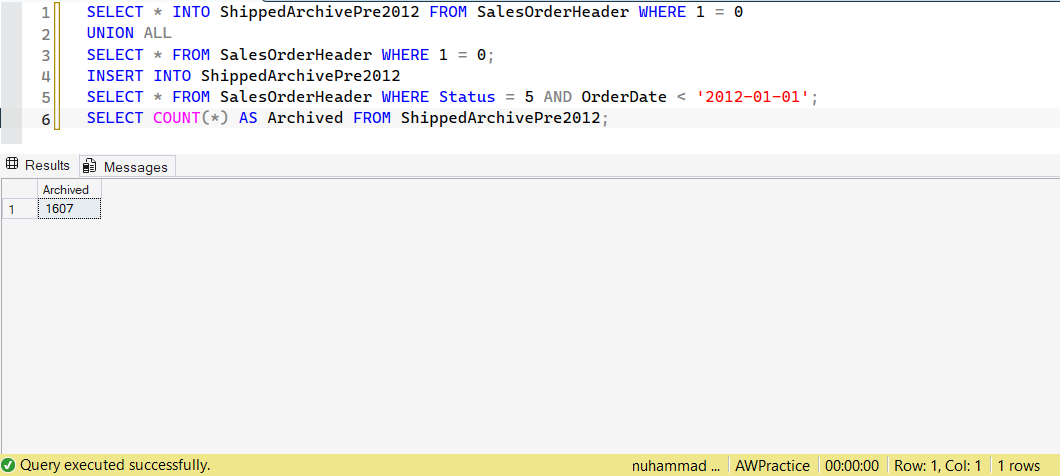 SSMS screenshot: query 23 and its result