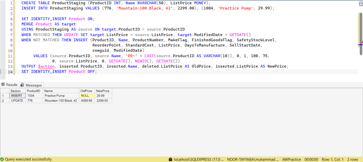 SSMS screenshot: query 24 and its result