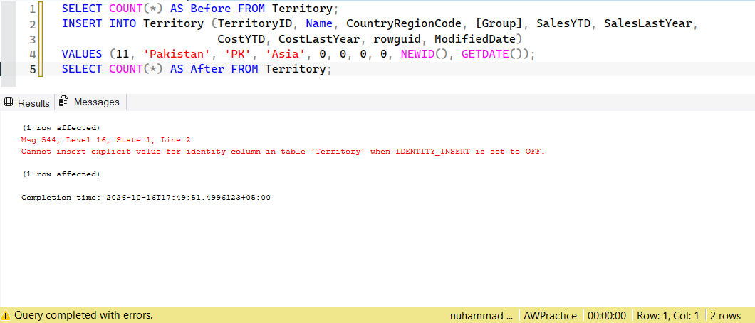 SSMS screenshot: query 3 and its result