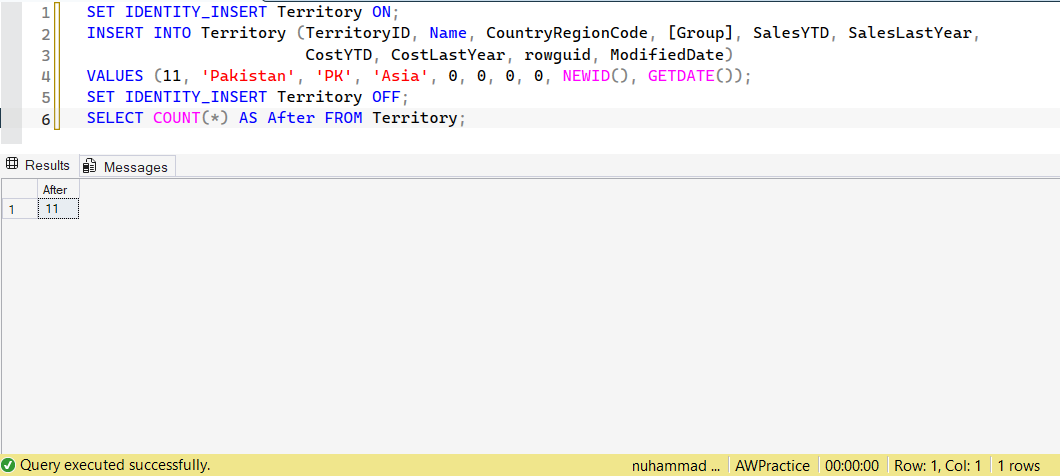 SSMS screenshot: query 4 and its result