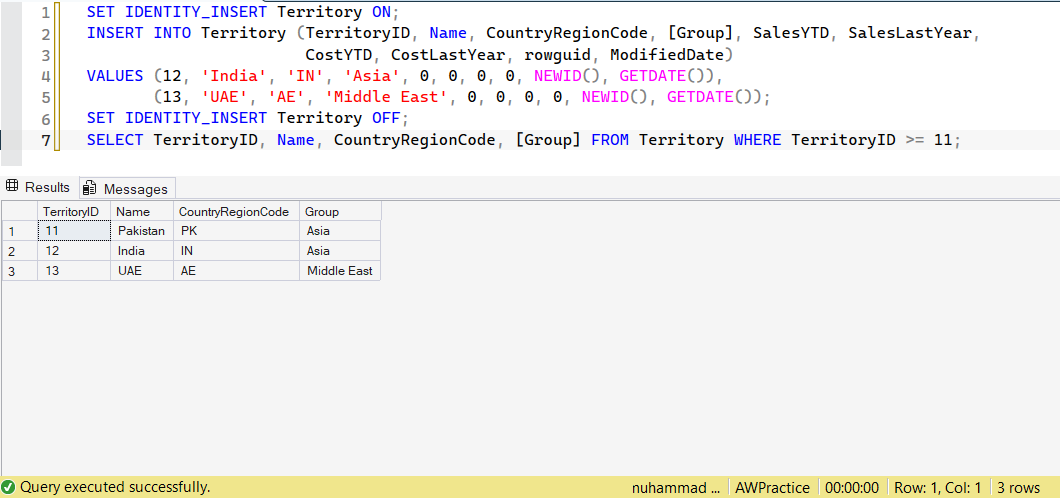 SSMS screenshot: query 5 and its result