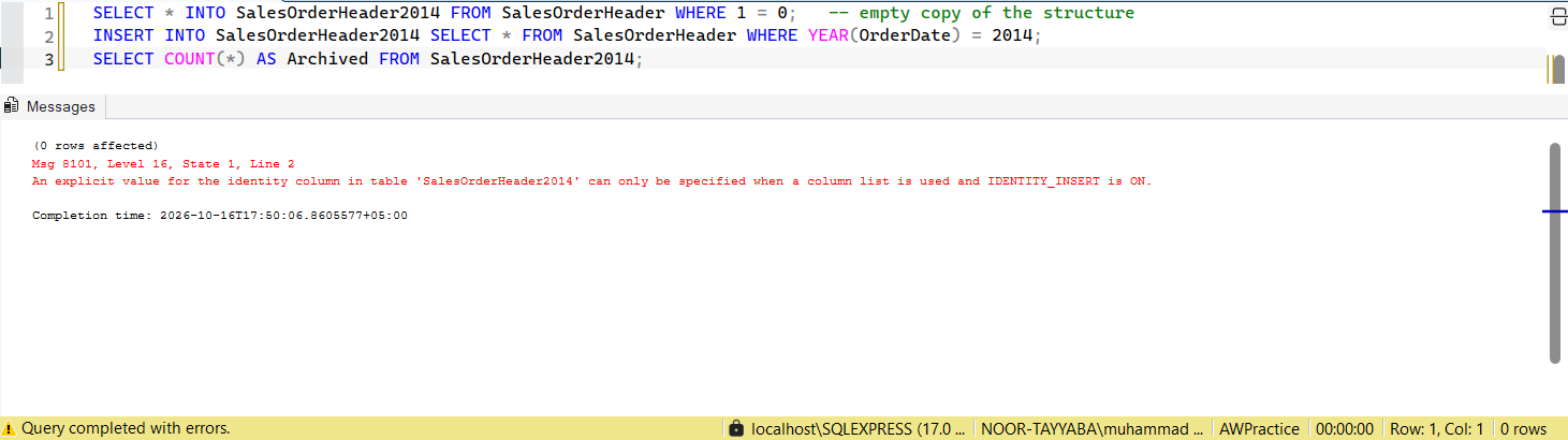 SSMS screenshot: query 6 and its result