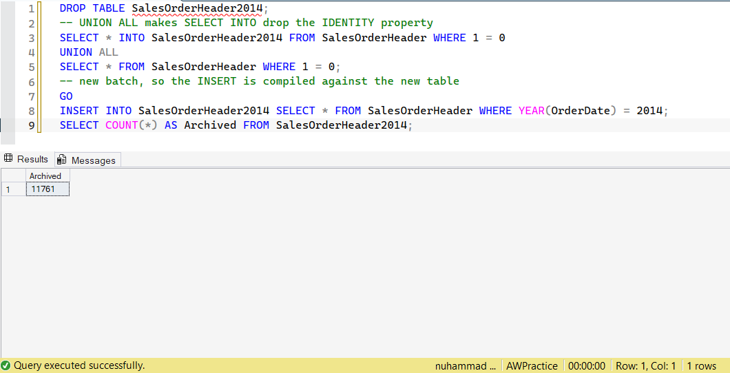 SSMS screenshot: query 7 and its result