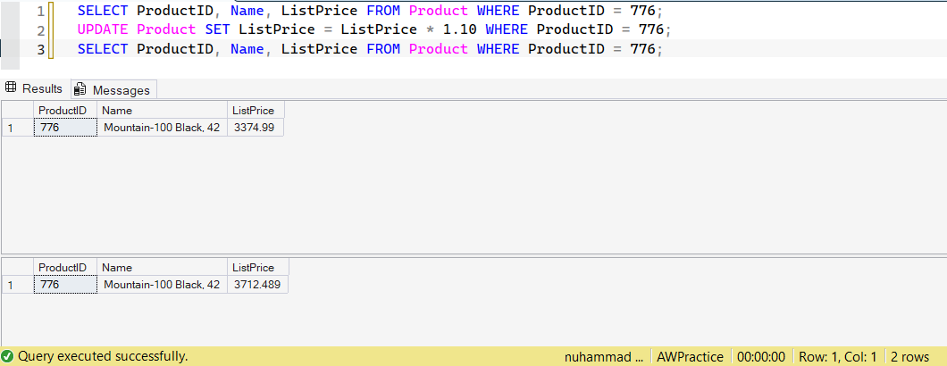 SSMS screenshot: query 8 and its result