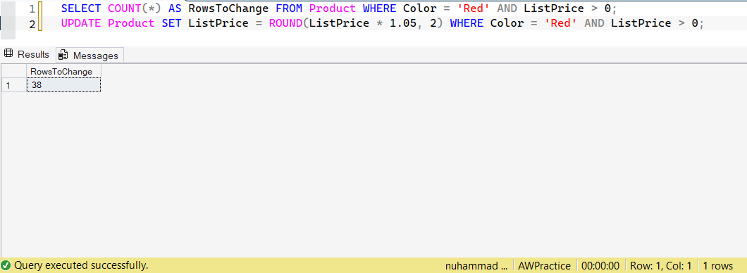 SSMS screenshot: query 9 and its result